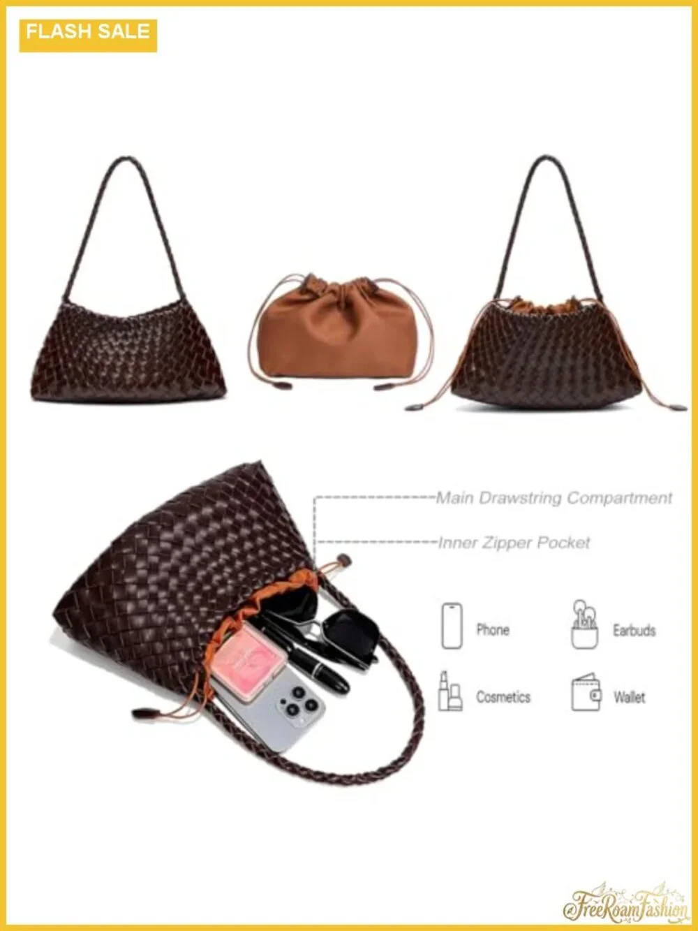 Hand-Woven Faux Leather Slouchy Hobo Shoulder Bag with Detachable Pouch